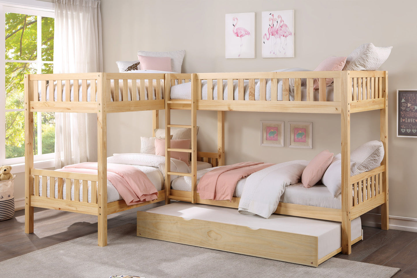 Bartly Pine Corner Bunk Bed with Twin Trundle - SET | B2043CN-1 | B2043CN-2 | B2043CN-SL | B2043-R - Luna Furniture - Dallas Store