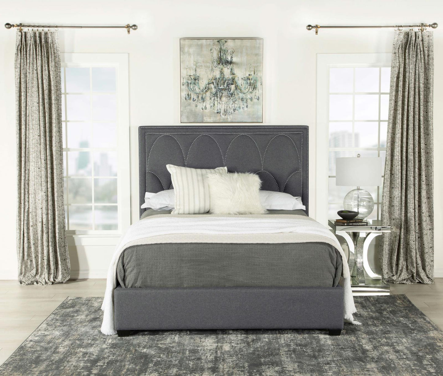 Bowfield Upholstered Bed with Nailhead Trim Charcoal - 315900Q - Luna Furniture - Dallas Store