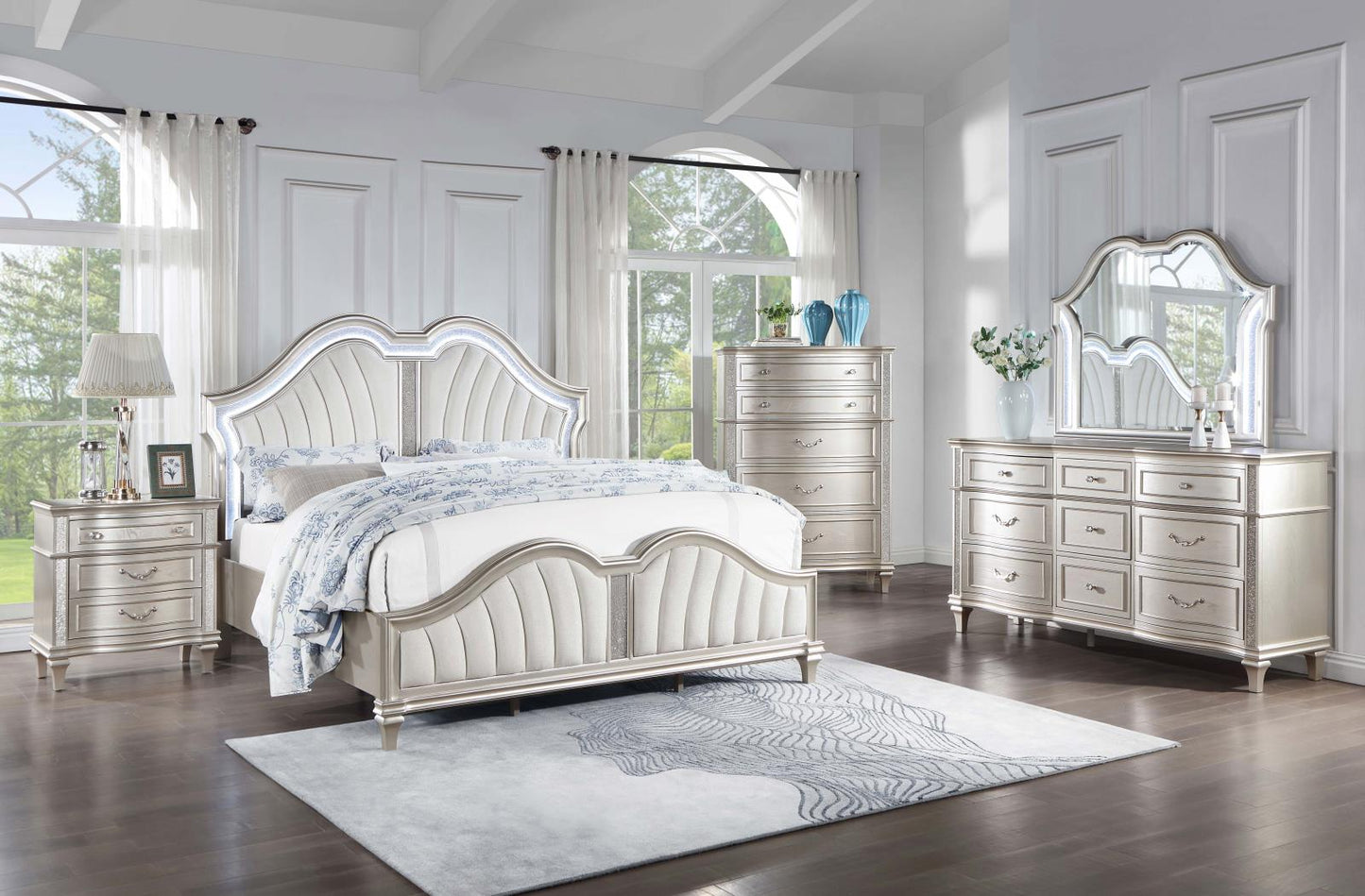 Evangeline Tufted Upholstered Platform Eastern King Bed Ivory/Silver Oak - 223391KE - Luna Furniture - Dallas Store