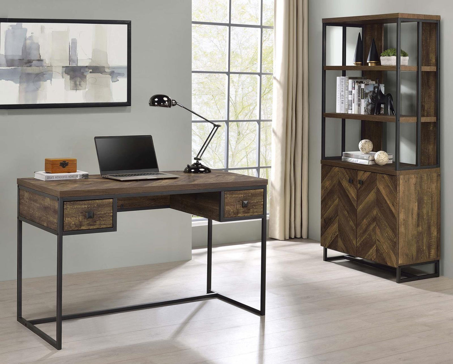 Millbrook Rustic Oak Herringbone/Gunmetal 2-Door Bookcase - 882093 - Luna Furniture - Dallas Store