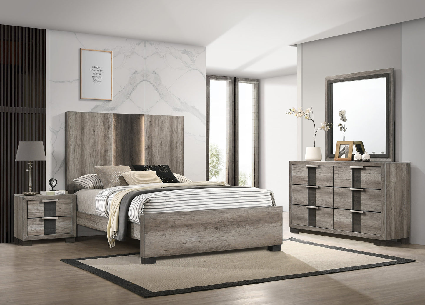 Rangley Brown LED Panel Bedroom Set - SET | B6830-Q-HB | B6830-Q-FB | B6830-KQ-RAIL | B6830-2 | B6830-4 - Luna Furniture - Dallas Store