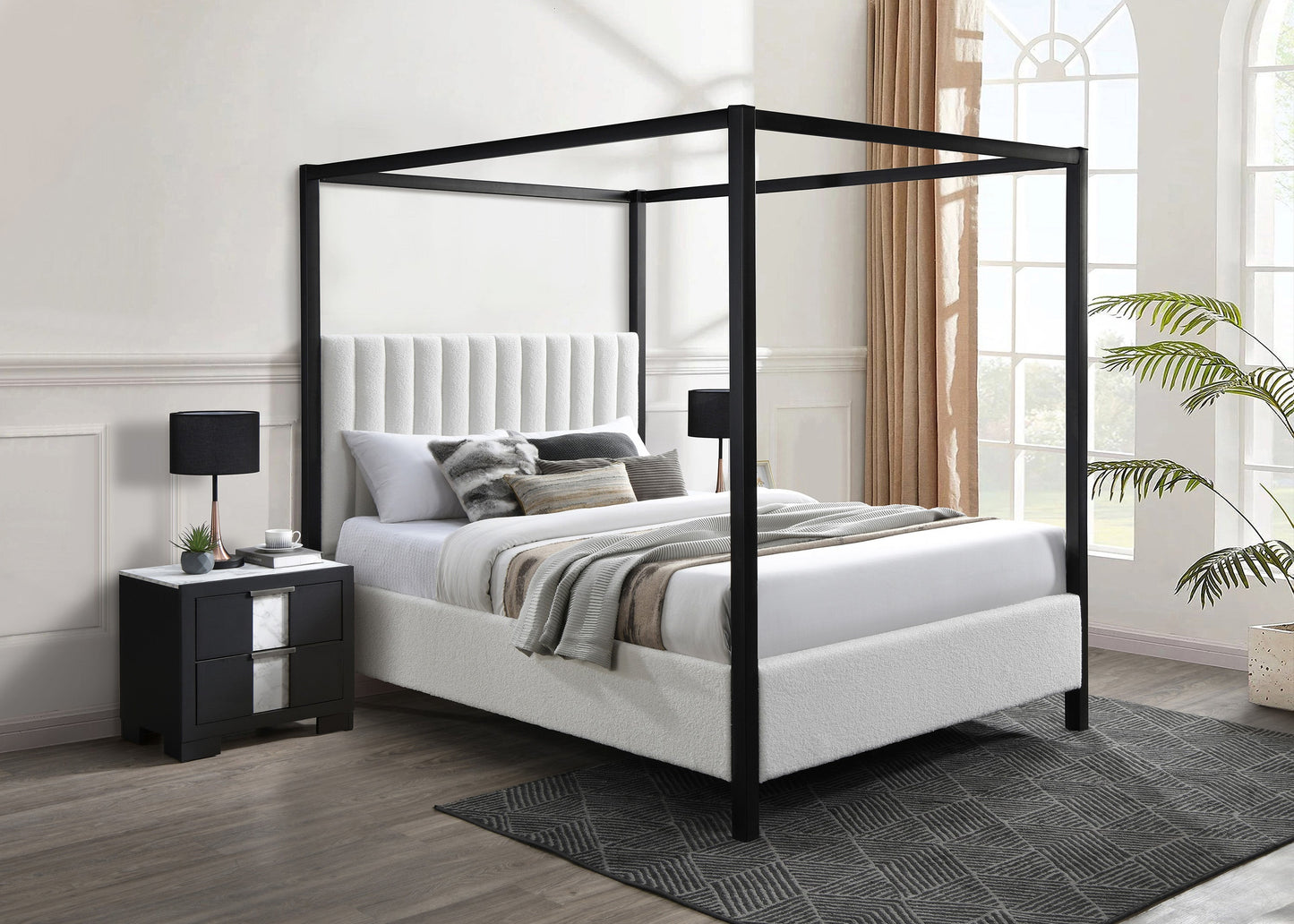 Adalyn Black/White Boucle King Canopy Bed - SET | 5107WH-K-HB | 5107WH-K-FB | 5107WH-KQ-RAIL | 5107WH-K-CANOPY - Luna Furniture - Dallas Store