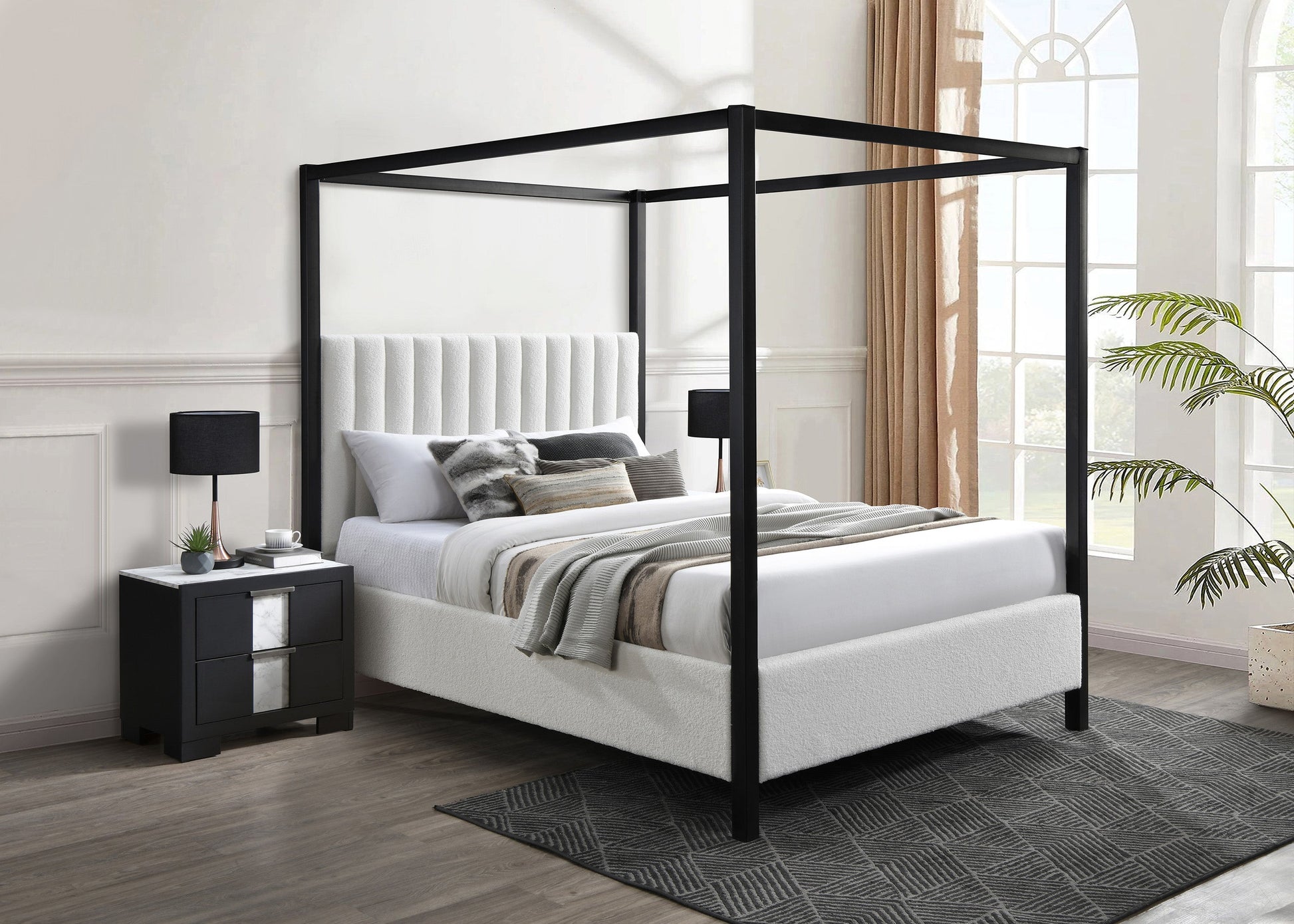 Adalyn Black/White Boucle King Canopy Bed - SET | 5107WH-K-HB | 5107WH-K-FB | 5107WH-KQ-RAIL | 5107WH-K-CANOPY - Luna Furniture - Dallas Store