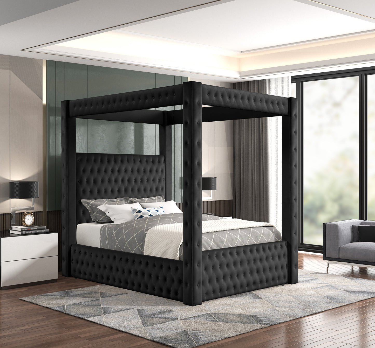 Annabelle Black Velvet Queen Canopy Bed - SET | 5114BK-Q-HBFB | 5114BK-KQ-RAIL | 5114BK-KQ-POST - Luna Furniture - Dallas Store