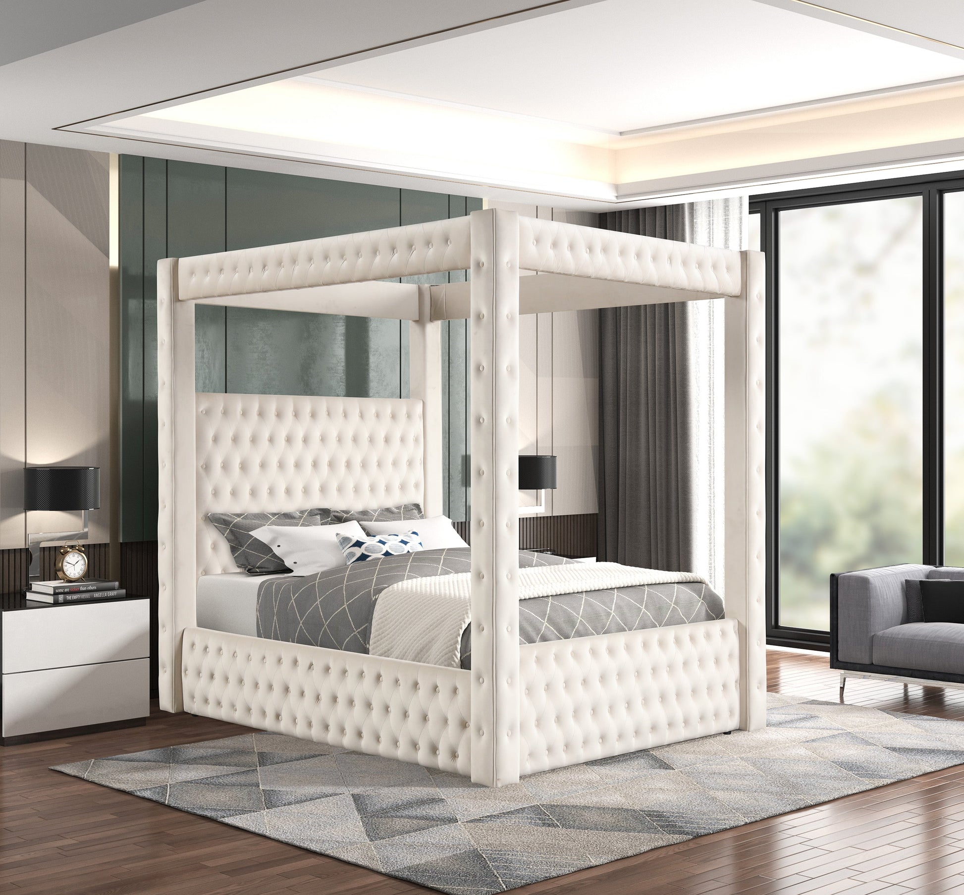 Annabelle Ivory Velvet Queen Canopy Bed - SET | 5114IV-Q-HBFB | 5114IV-KQ-RAIL | 5114IV-KQ-POST - Luna Furniture - Dallas Store