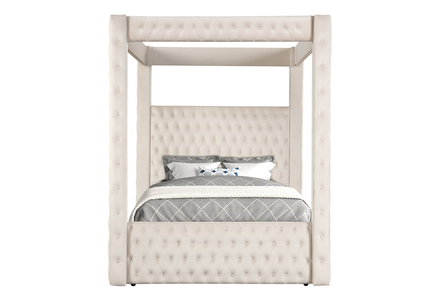 Annabelle Ivory Velvet Queen Canopy Bed - SET | 5114IV-Q-HBFB | 5114IV-KQ-RAIL | 5114IV-KQ-POST - Luna Furniture - Dallas Store