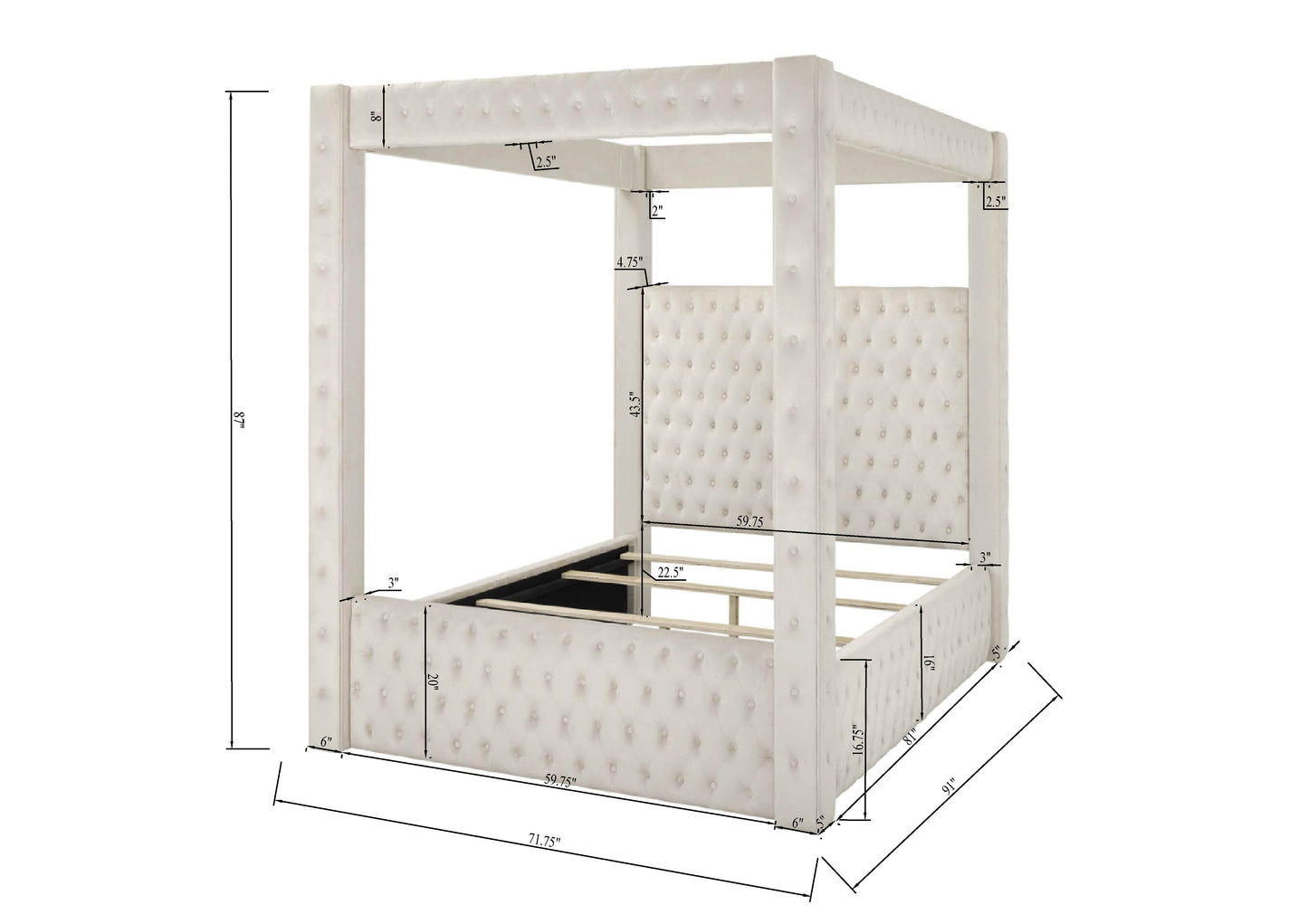 Annabelle Ivory Velvet Queen Canopy Bed - SET | 5114IV-Q-HBFB | 5114IV-KQ-RAIL | 5114IV-KQ-POST - Luna Furniture - Dallas Store