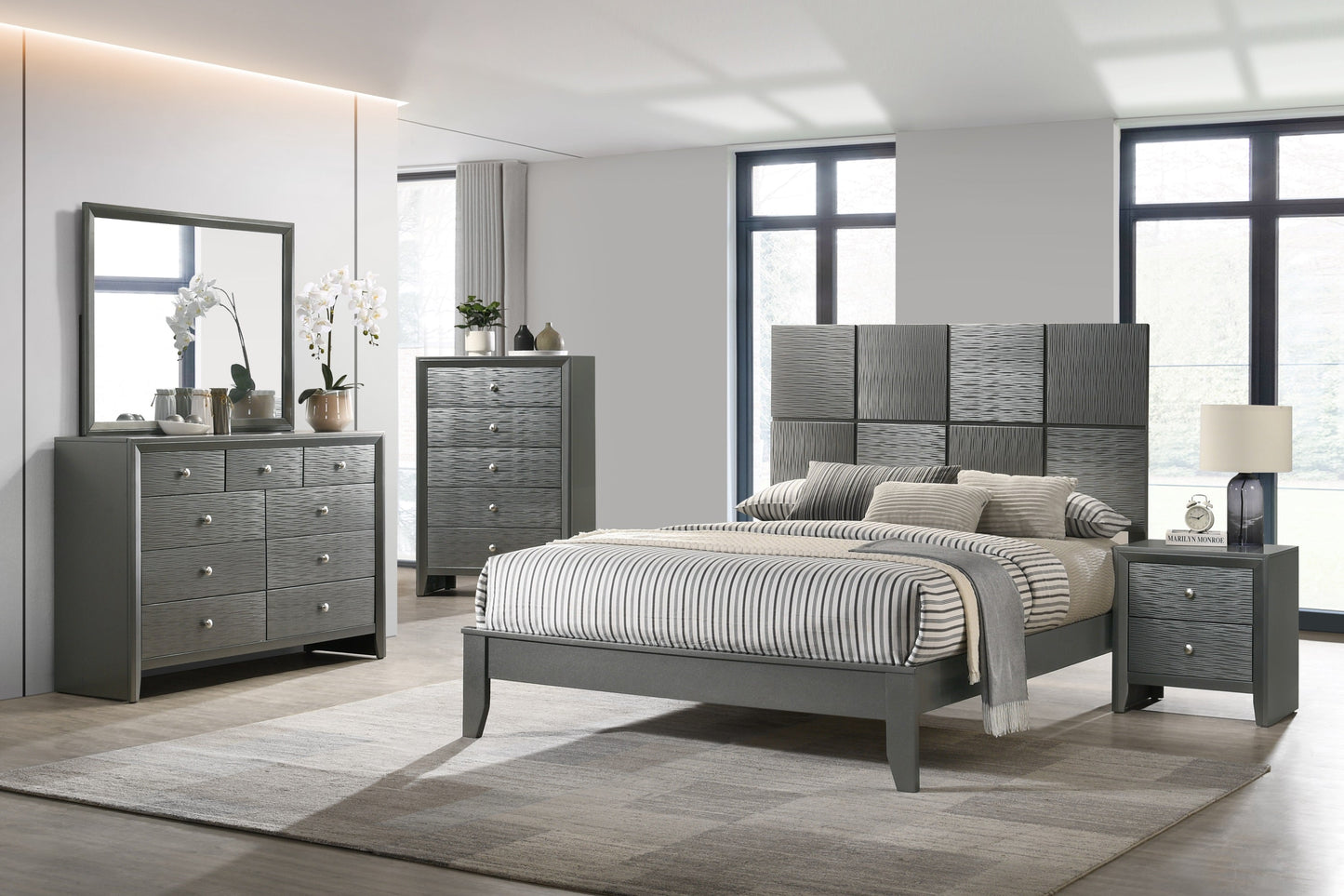 Denker Gunmetal Panel Bedroom Set - SET | B4715-Q-HBFB | B4715-Q-RAIL | B4715-2 | B4715-4 - Luna Furniture - Dallas Store