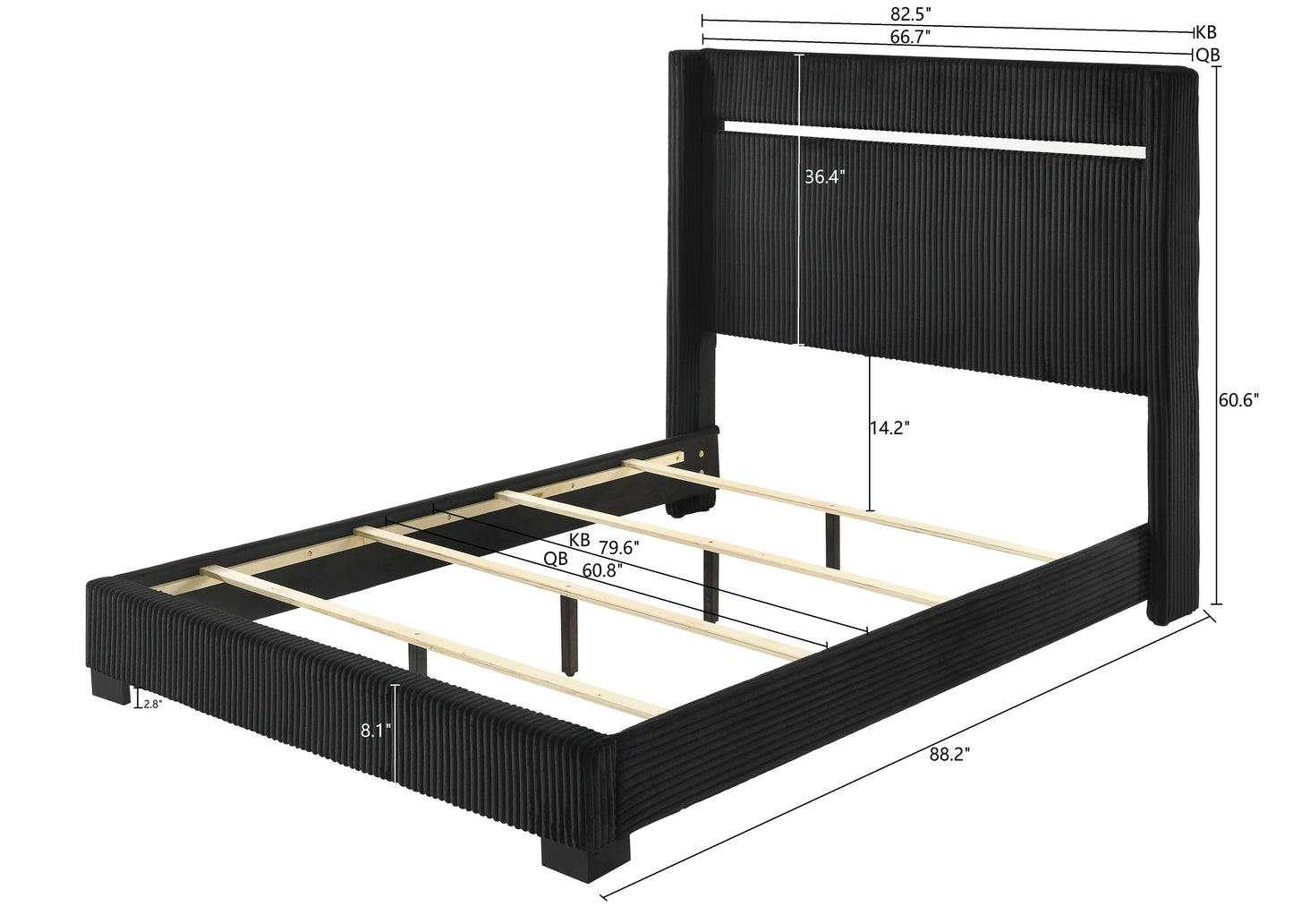 Gennro Black Corduroy Queen Upholstered Panel Bed - SET | B9295-Q-HBFB | B9295-KQ-RAIL - Luna Furniture - Dallas Store