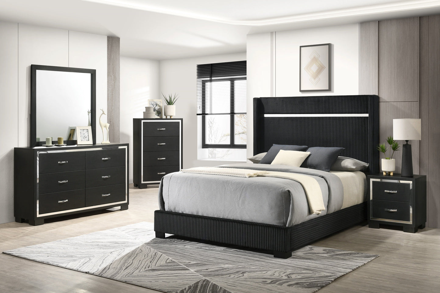 Gennro Black Corduroy Upholstered Panel Bedroom Set - SET | B9295-Q-HBFB | B9295-KQ-RAIL | B9295-2 | B9295-4 - Luna Furniture - Dallas Store