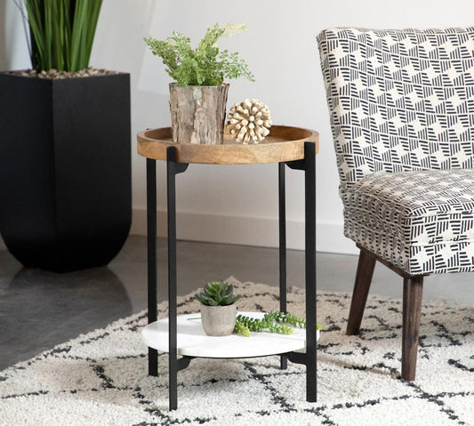 Adhvik Natural/Black Round Accent Table with Marble Shelf - 931218 - Luna Furniture - Dallas Store