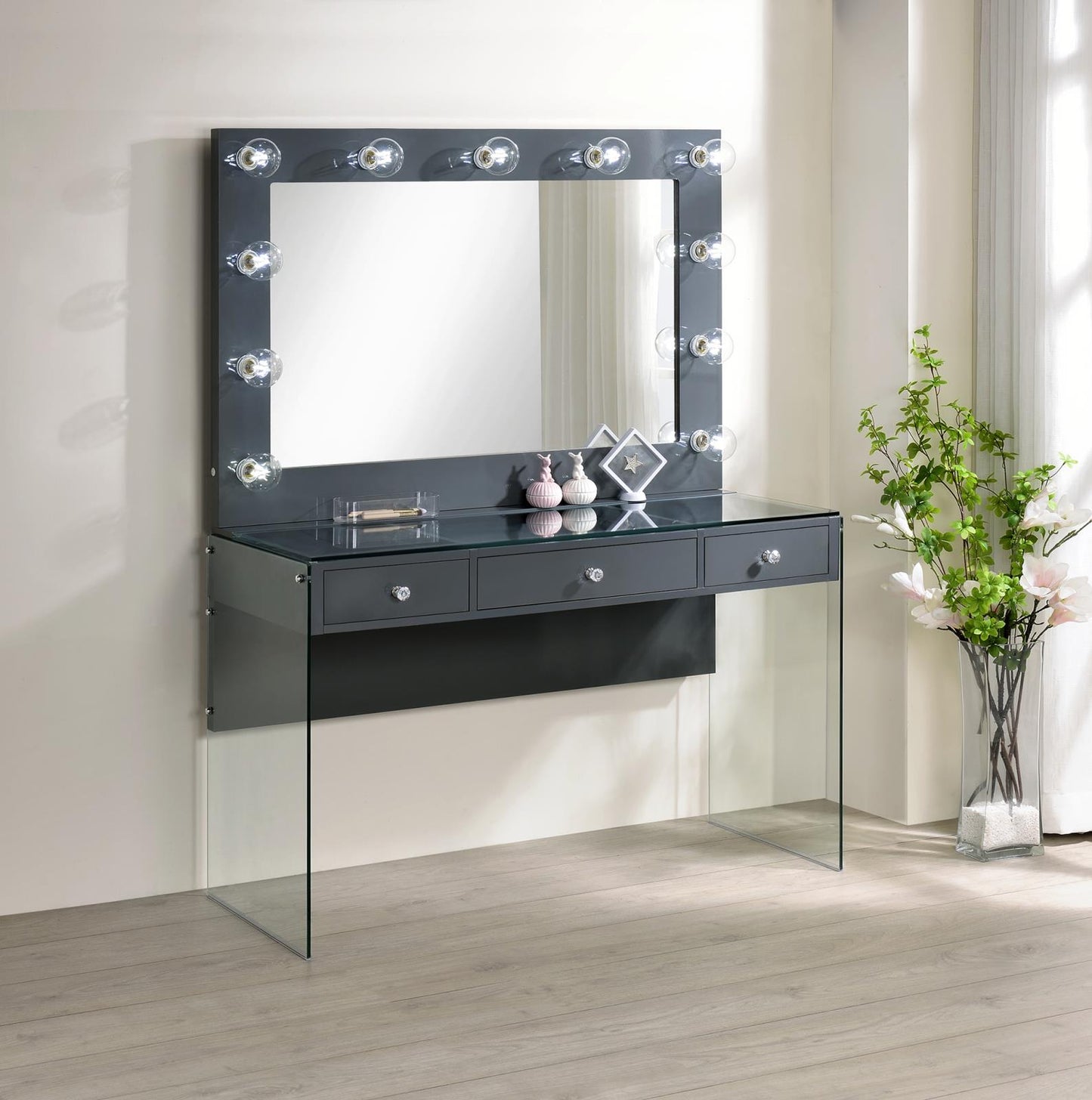 Afshan 3-Drawer Vanity Desk with Lighting Mirror Gray High Gloss - 935923 - Luna Furniture - Dallas Store