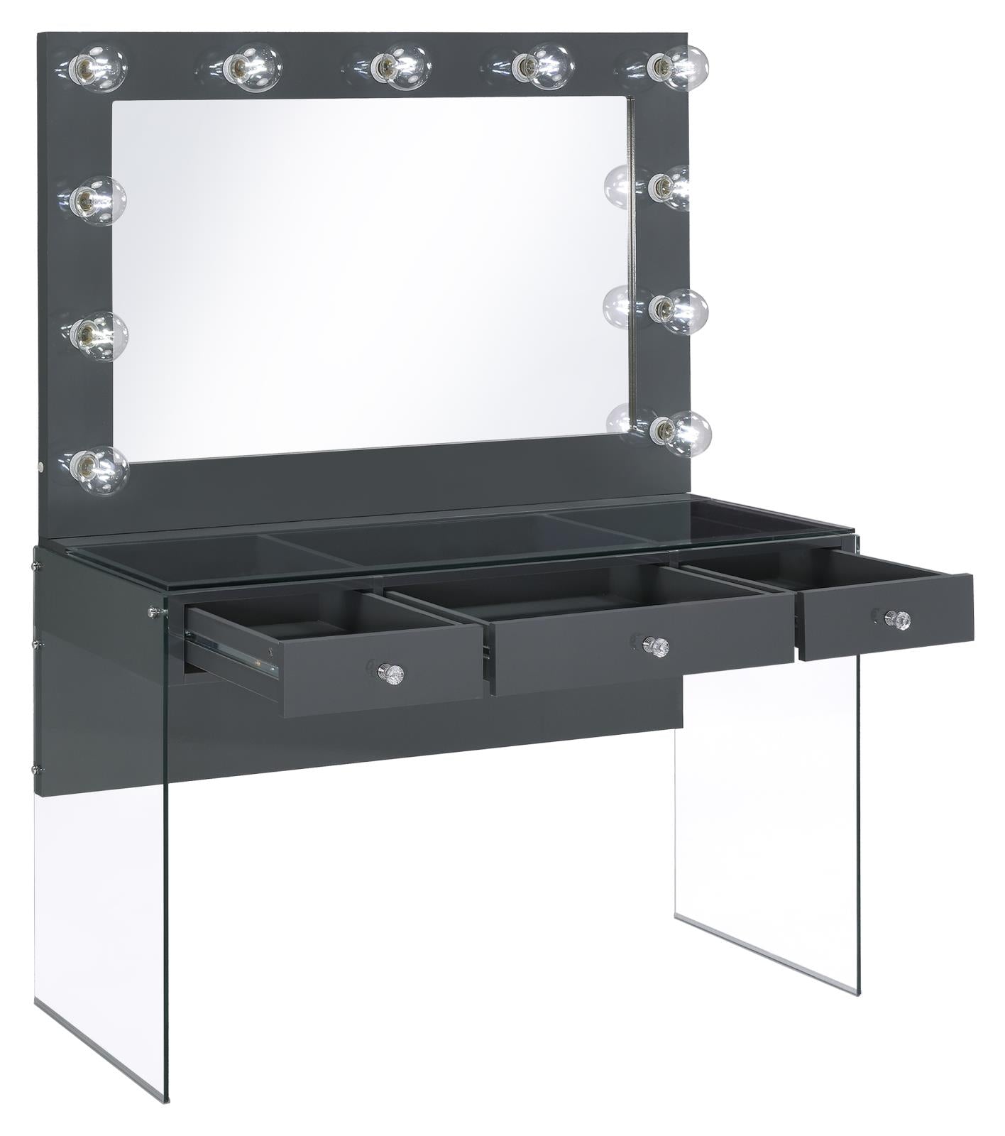 Afshan 3-Drawer Vanity Desk with Lighting Mirror Gray High Gloss - 935923 - Luna Furniture - Dallas Store
