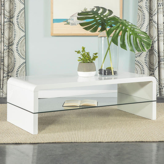 Airell White High Gloss Rectangular Coffee Table with Glass Shelf - 703798 - Luna Furniture - Dallas Store