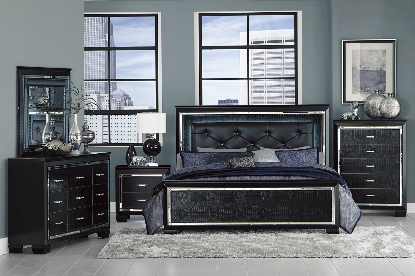 Allura Black LED Upholstered Panel Bedroom Set - SET | 1916KBK-1 | 1916KBK-2 | 1916KBK-3EK | 1916BK-4 | 1916BK-9 - Luna Furniture - Dallas Store