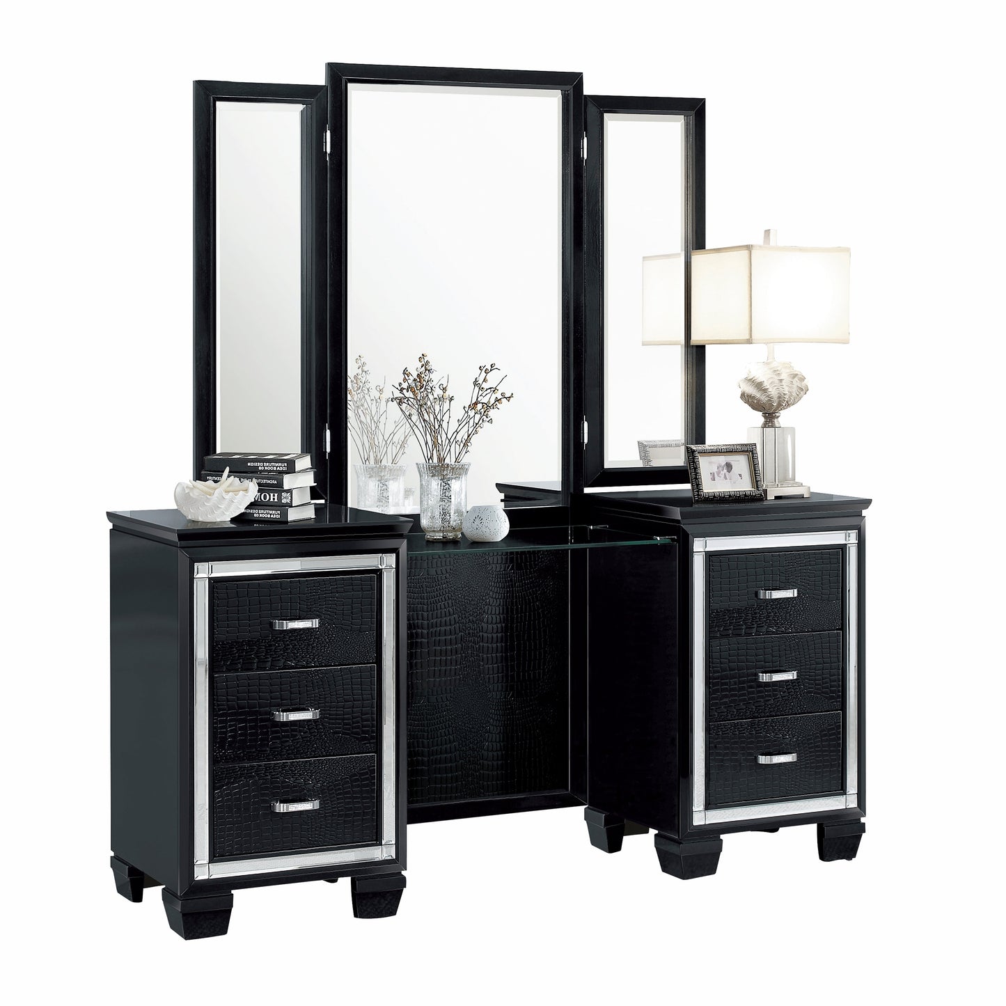 Allura Black Vanity Dresser with Mirror - SET | 1916BK-15R | 1916BK-15L | 1916BK-15M - Luna Furniture - Dallas Store