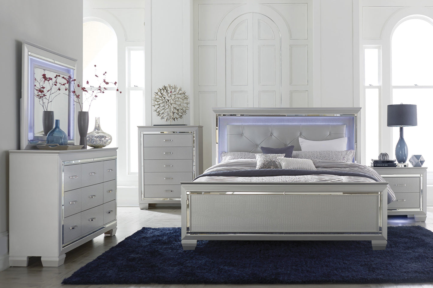 Allura Silver LED Upholstered Panel Bedroom Set - SET | 1916-1 | 1916-2 | 1916-3 | 1916-5 | 1916-6 | 1916-4 - Luna Furniture - Dallas Store
