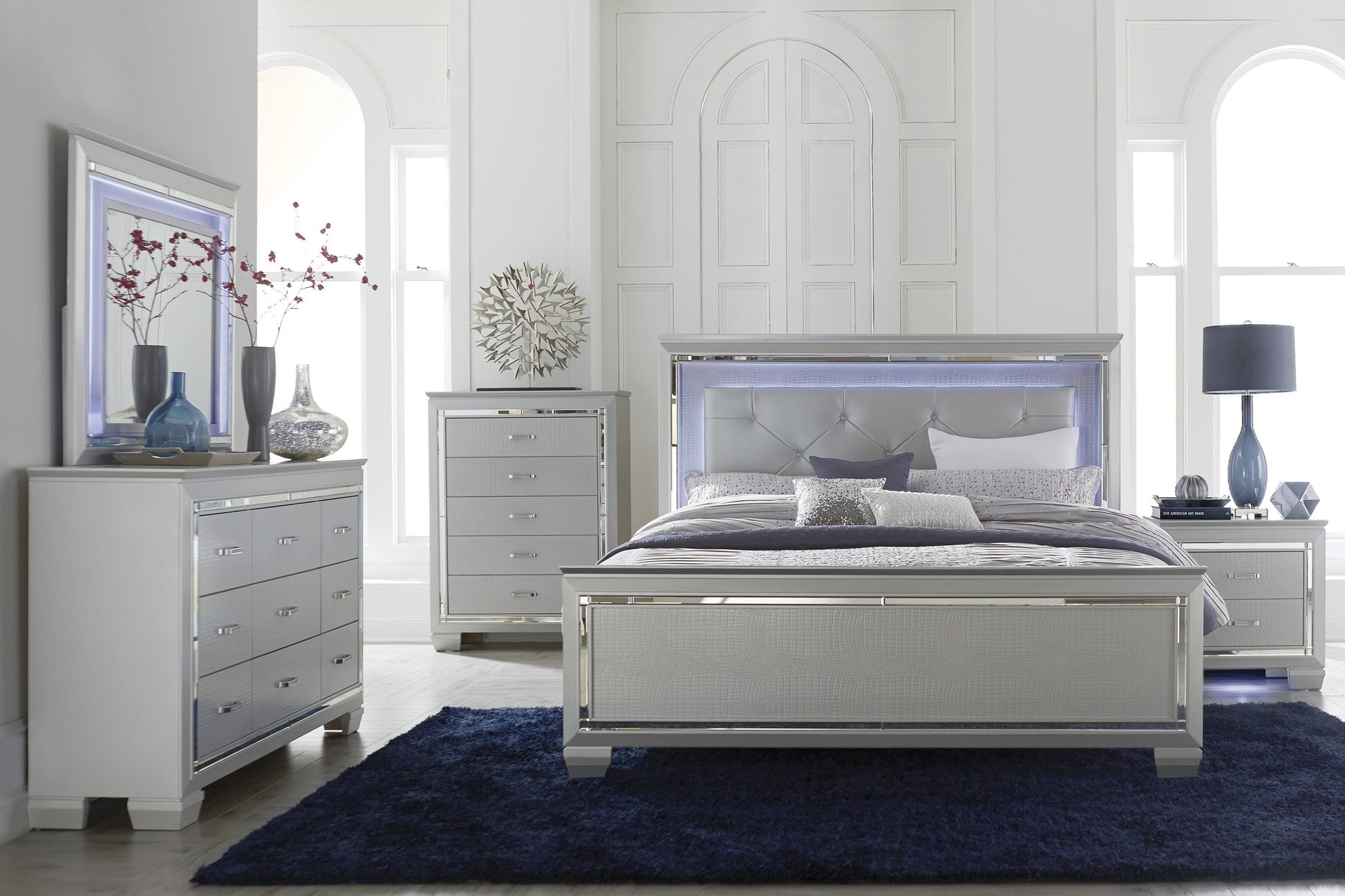 Allura Silver Queen LED Upholstered Panel Bed - SET | 1916-1 | 1916-2 | 1916-3 - Luna Furniture - Dallas Store