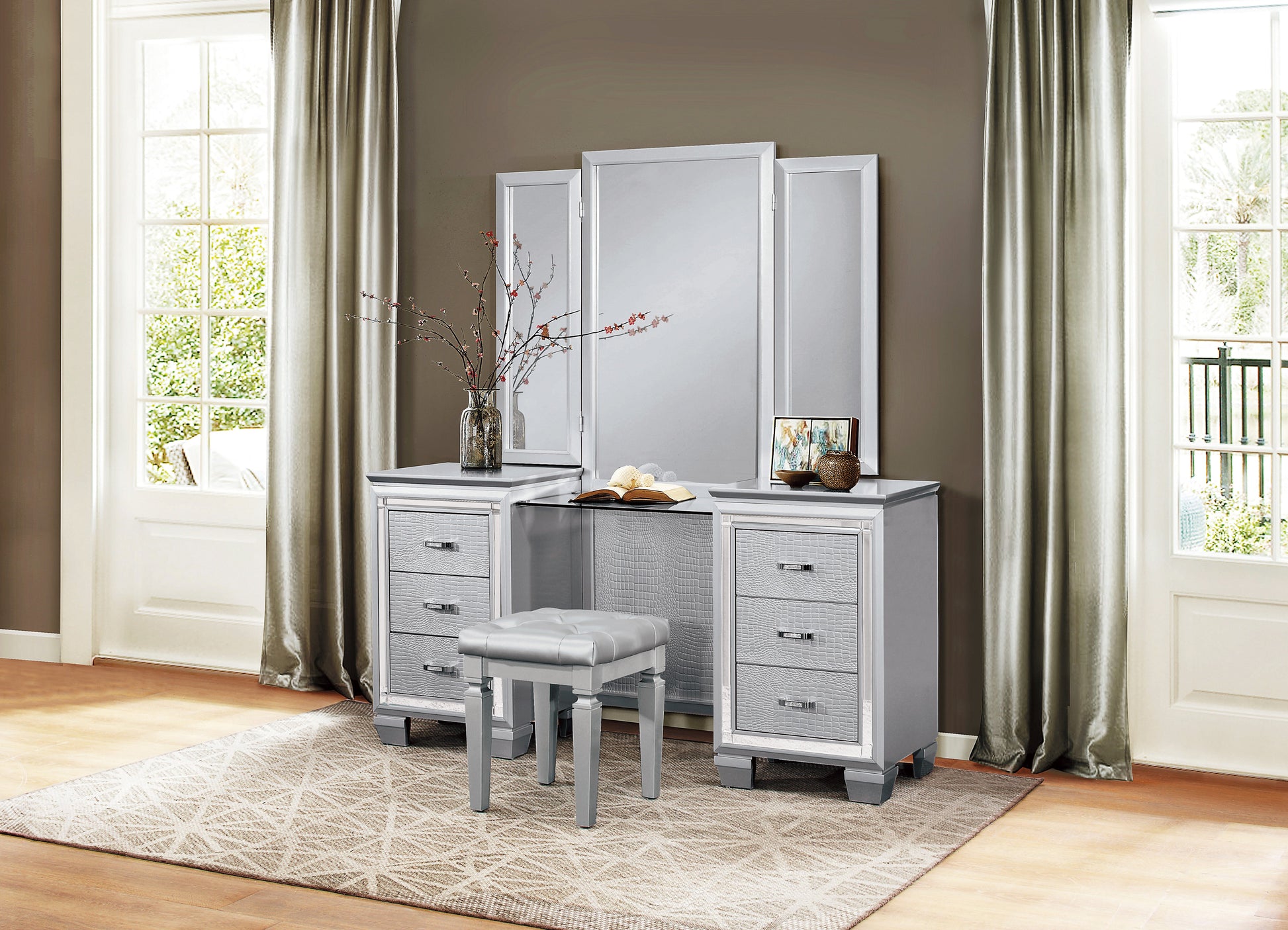Allura Silver Vanity Dresser with Mirror - SET | 1916-15R | 1916-15L | 1916-15M - Luna Furniture - Dallas Store