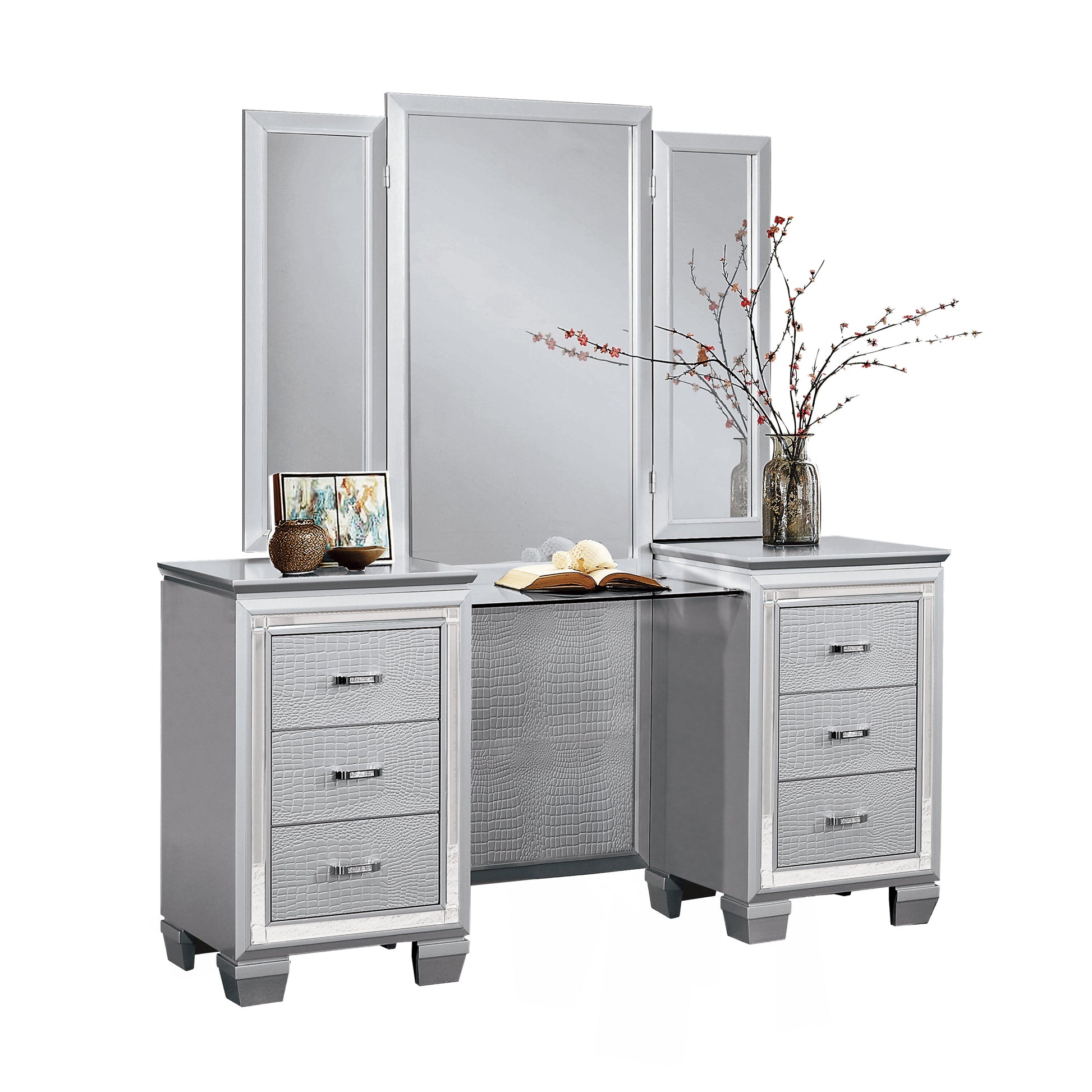 Allura Silver Vanity Dresser with Mirror - SET | 1916-15R | 1916-15L | 1916-15M - Luna Furniture - Dallas Store