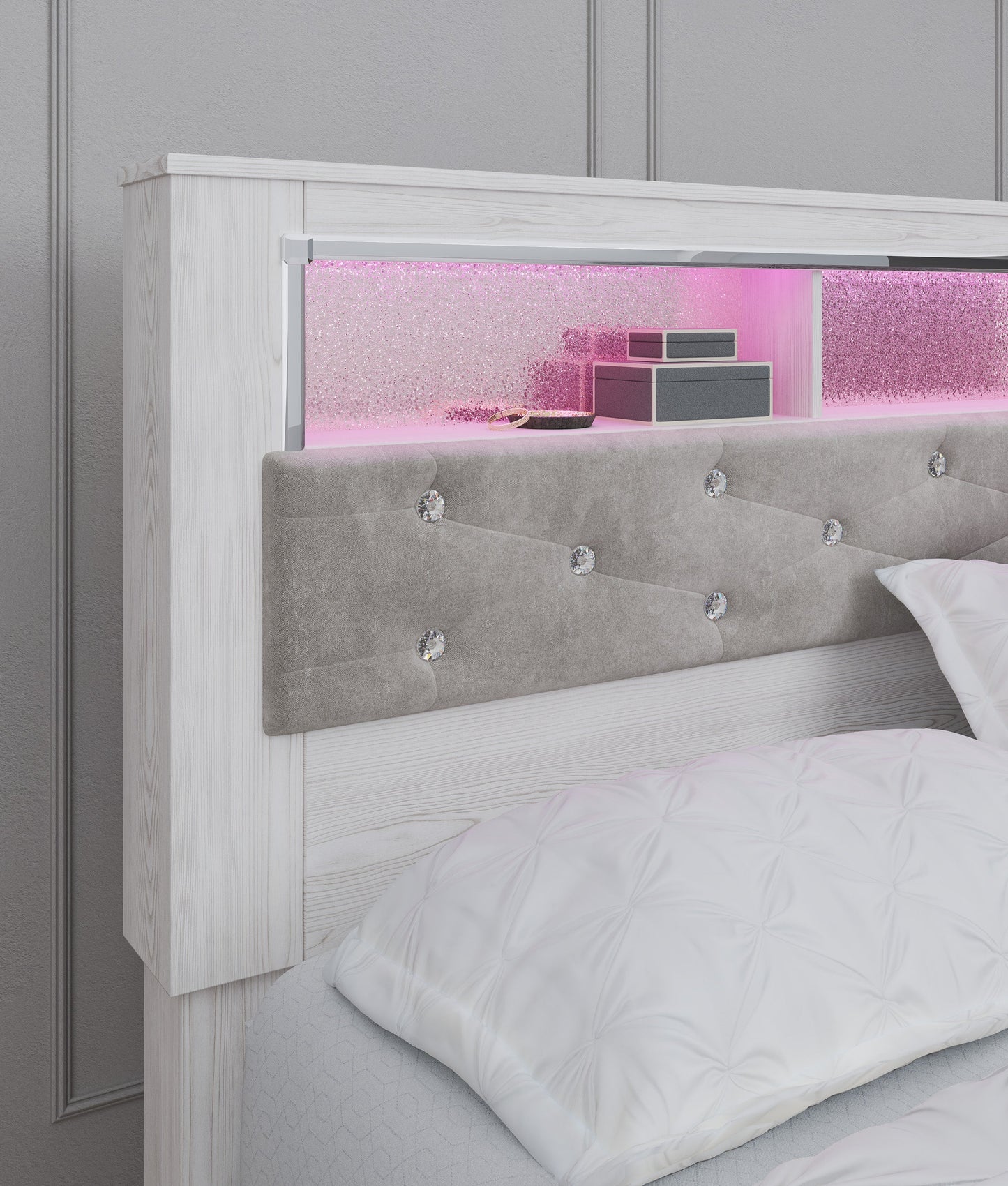 Altyra White LED Bookcase Upholstered Footboard Storage Platform Bedroom Set - SET | B2640-56S | B2640-69 | B2640-95 | B2640-31 | B2640-36 | B2640-92 | B2640-46 | B100-14 - Luna Furniture - Dallas Store