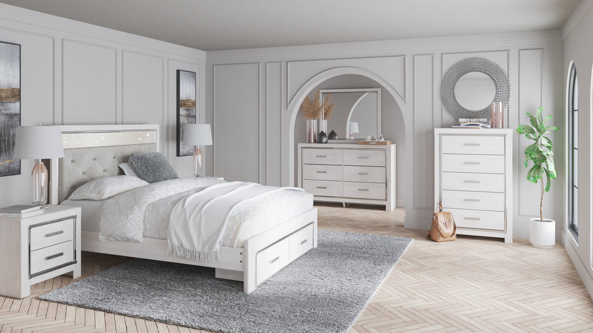 Altyra White LED Upholstered Footboard Storage Platform Bedroom Set - SET | B2640-56S | B2640-58 | B2640-95 | B2640-92 | B2640-46 | B100-14 - Luna Furniture - Dallas Store