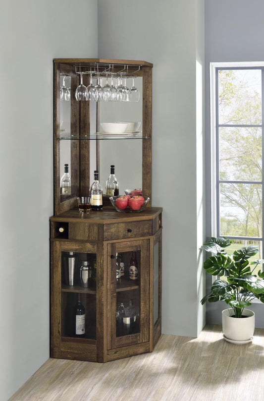 Alviso Rustic Oak Corner Bar Cabinet with Stemware Rack - 182303 - Luna Furniture - Dallas Store