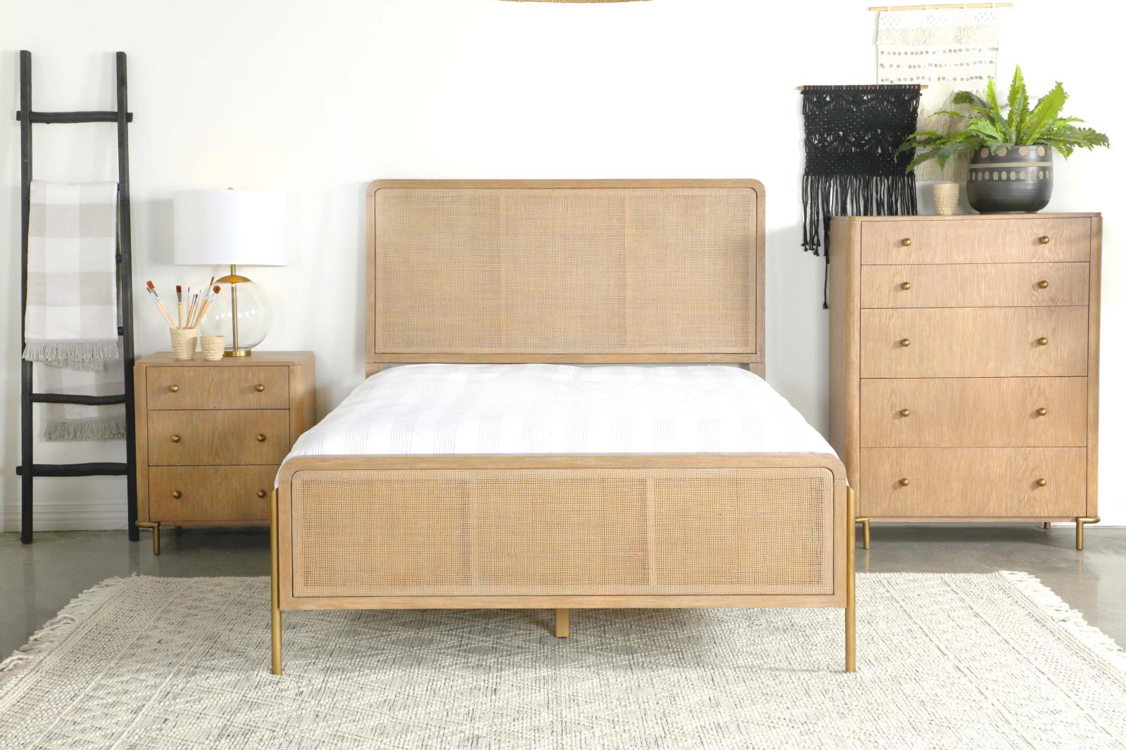 Arini Upholstered Eastern King Panel Bed Sand Wash/Natural Cane - 224300KE - Luna Furniture - Dallas Store