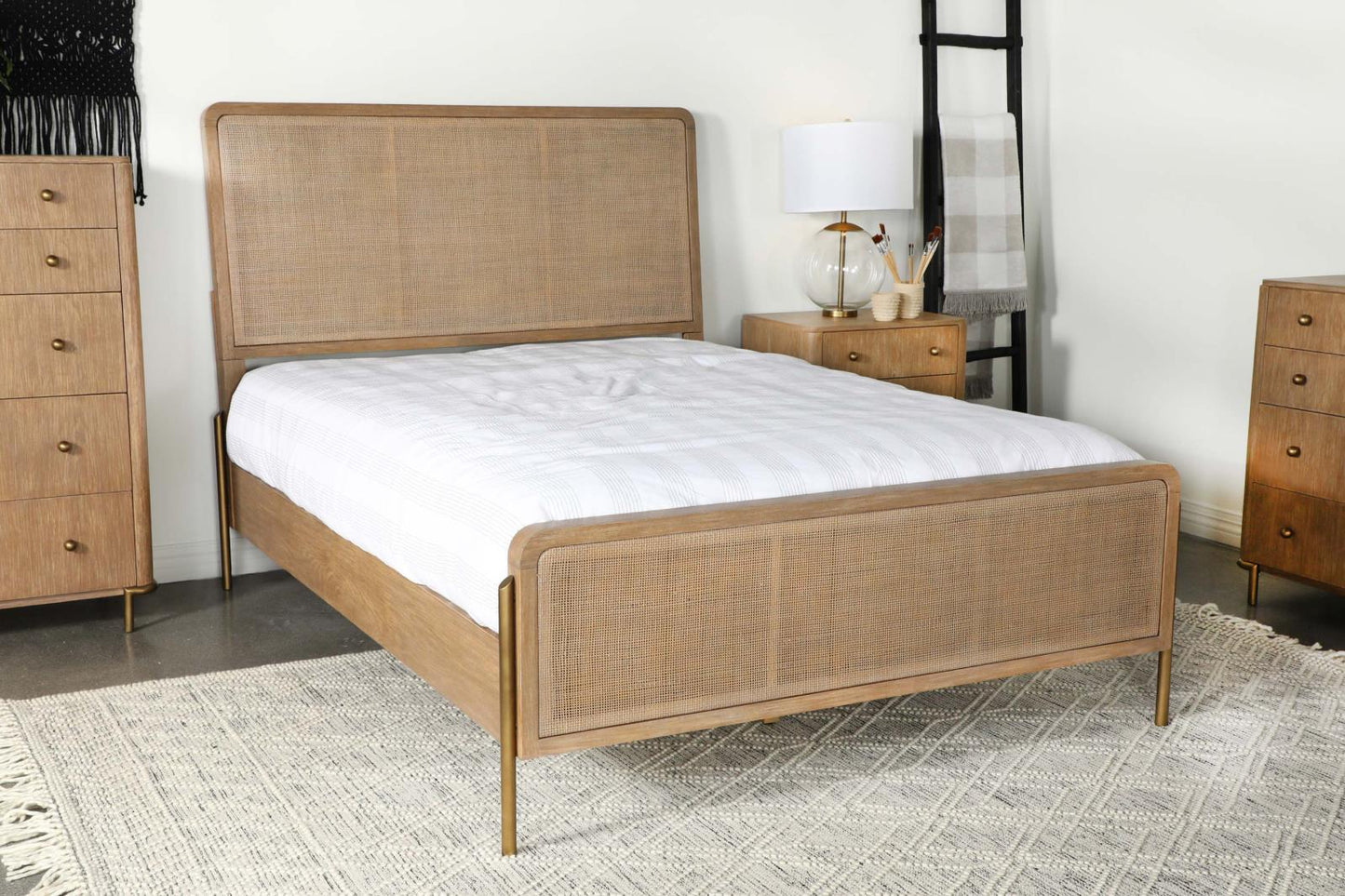 Arini Upholstered Queen Panel Bed Sand Wash/Natural Cane - 224300Q - Luna Furniture - Dallas Store