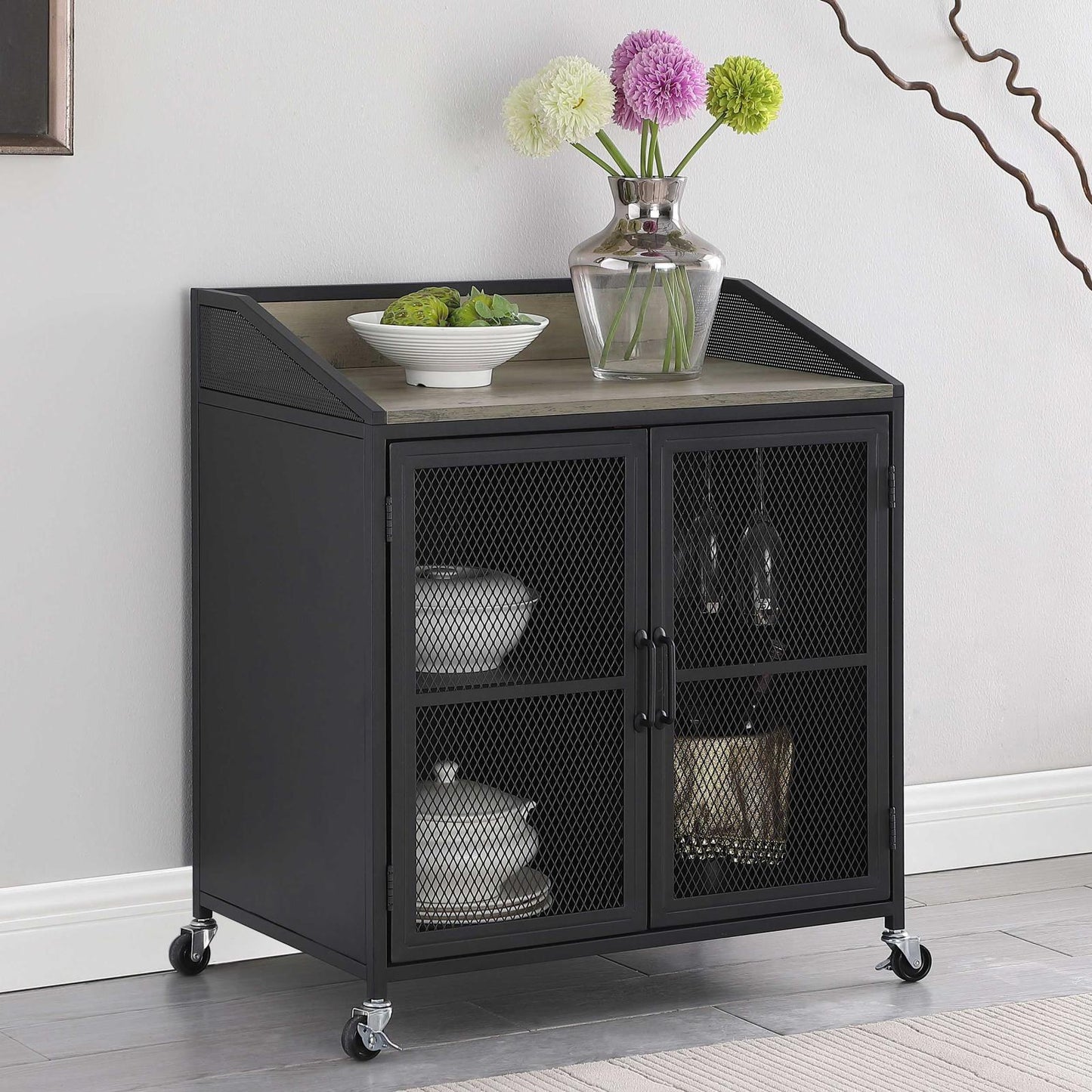 Arlette Gray Wash/Sandy Black Wine Cabinet with Wire Mesh Doors - 183476 - Luna Furniture - Dallas Store