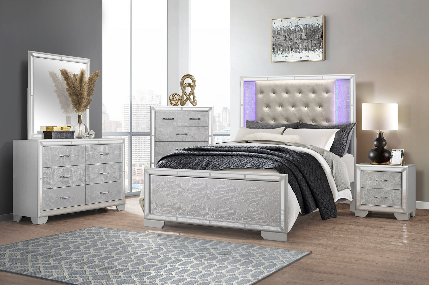 Aveline Silver King LED Upholstered Panel Bed - SET | 1428SVK-1 | 1428SVK-2 | 1428SV-3 - Luna Furniture - Dallas Store