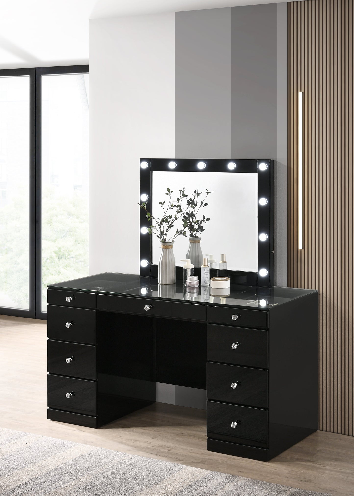 Avery Black Makeup Vanity Set with Lighted Mirror - SET | B4850BK-91-TOP | B4850BK-91-BASE | B4850BK-91-11 - Luna Furniture - Dallas Store