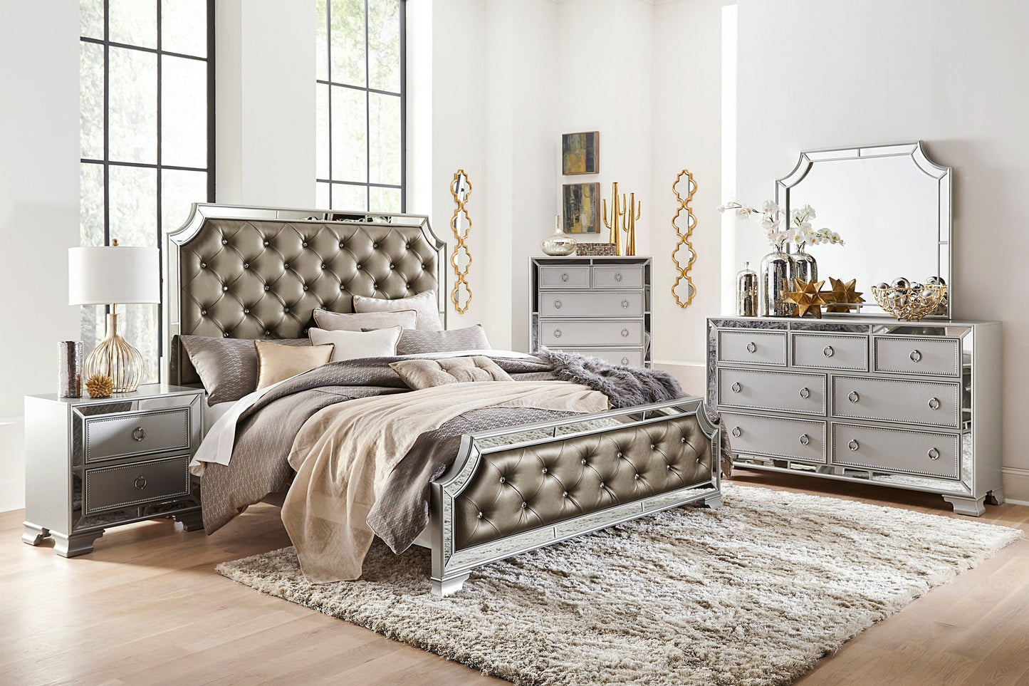 Avondale Silver Queen Mirrored Upholstered Panel Bed - SET | 1646-1 | 1646-2 | 1646-3 - Luna Furniture - Dallas Store