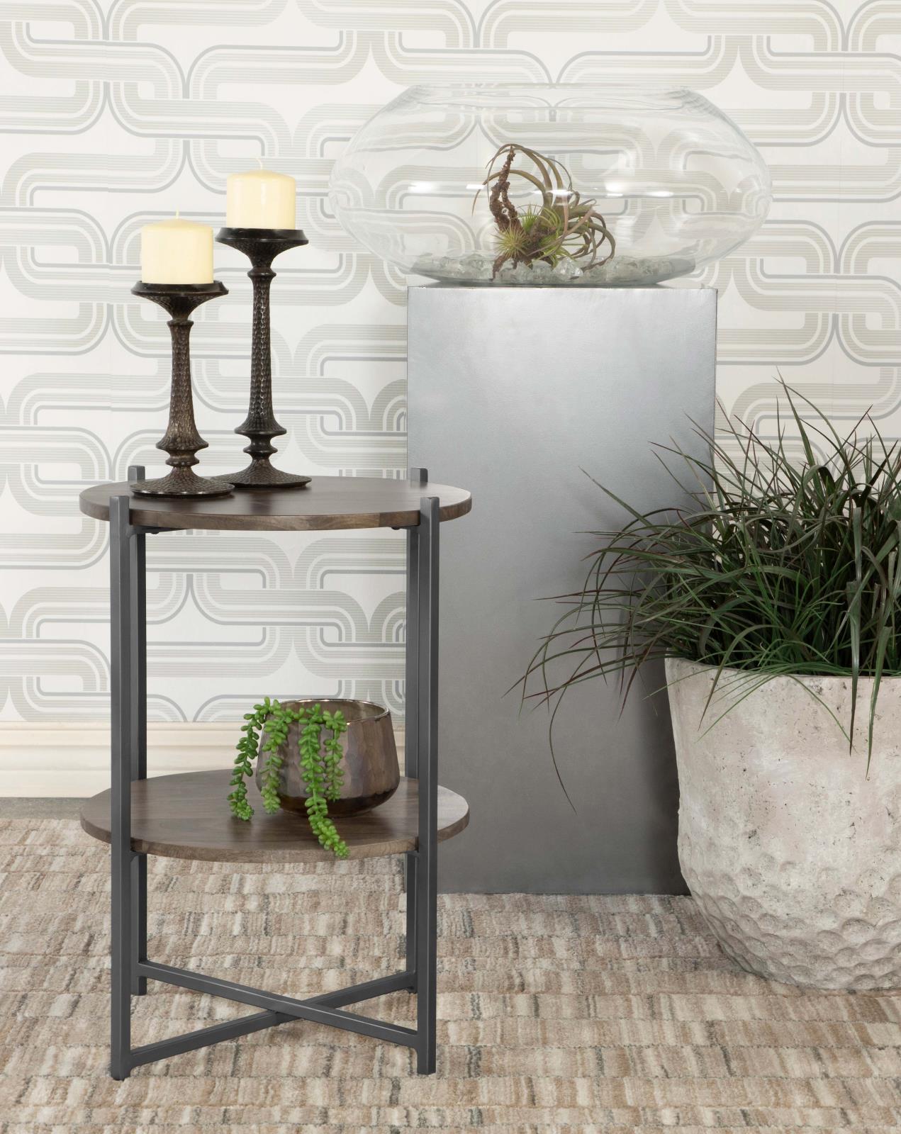 Axel Natural/Gunmetal Round Accent Table with Open Shelf - 935993 - Luna Furniture - Dallas Store