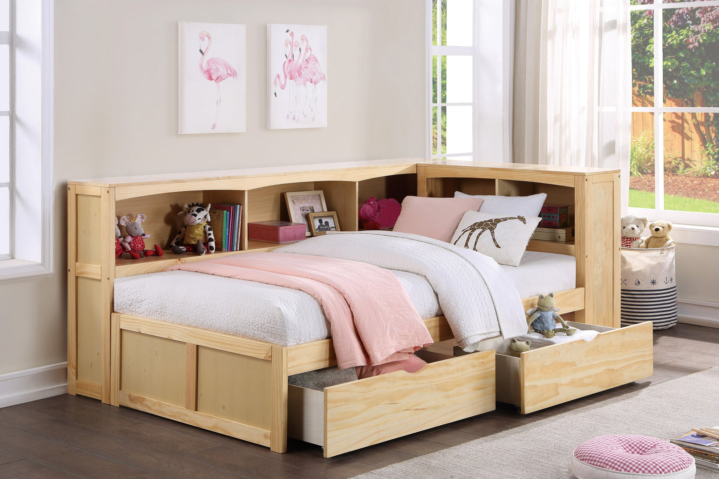 Bartly Pine Twin Bookcase Corner Bed with Storage Boxes - SET | B2043BC-1 | B2043BC-2 | B2043BC-BC | B2043-T - Luna Furniture - Dallas Store