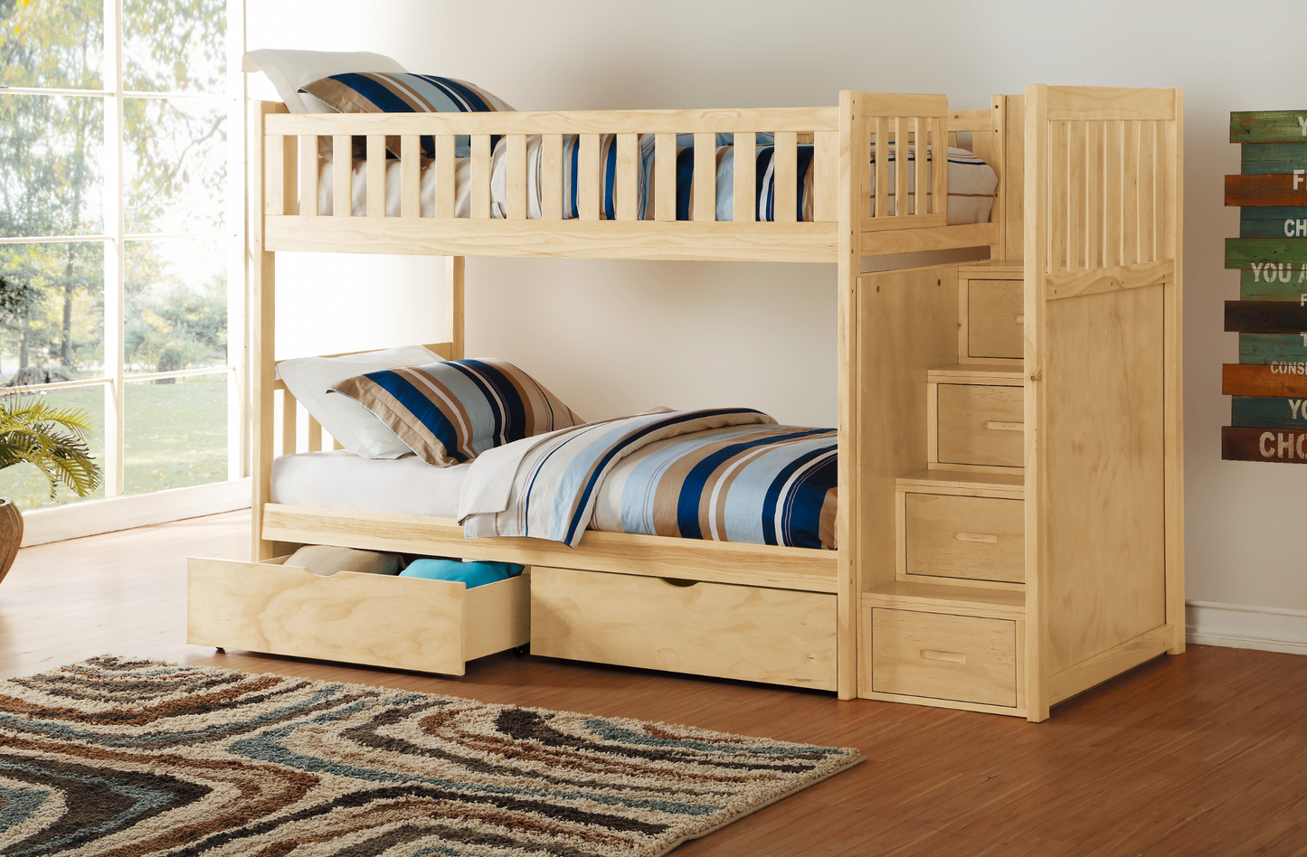 Bartly Pine Twin/Twin Step Bunk Bed with Storage Boxes - SET | B2043SB-1 | B2043SB-2 | B2043SB-3 | B2043SB-SL | B2043-T - Luna Furniture - Dallas Store