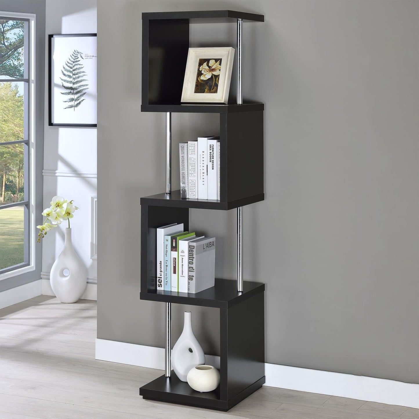 Baxter Black/Chrome 4-Shelf Bookcase - 801419 - Luna Furniture - Dallas Store