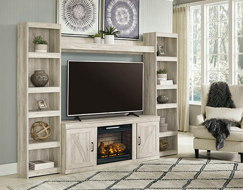 Bellaby Whitewash 4-Piece Entertainment Center with Electric Fireplace - SET | EW0331-124(2) | EW0331-127 | EW0331-268 | W100-101 - Luna Furniture - Dallas Store