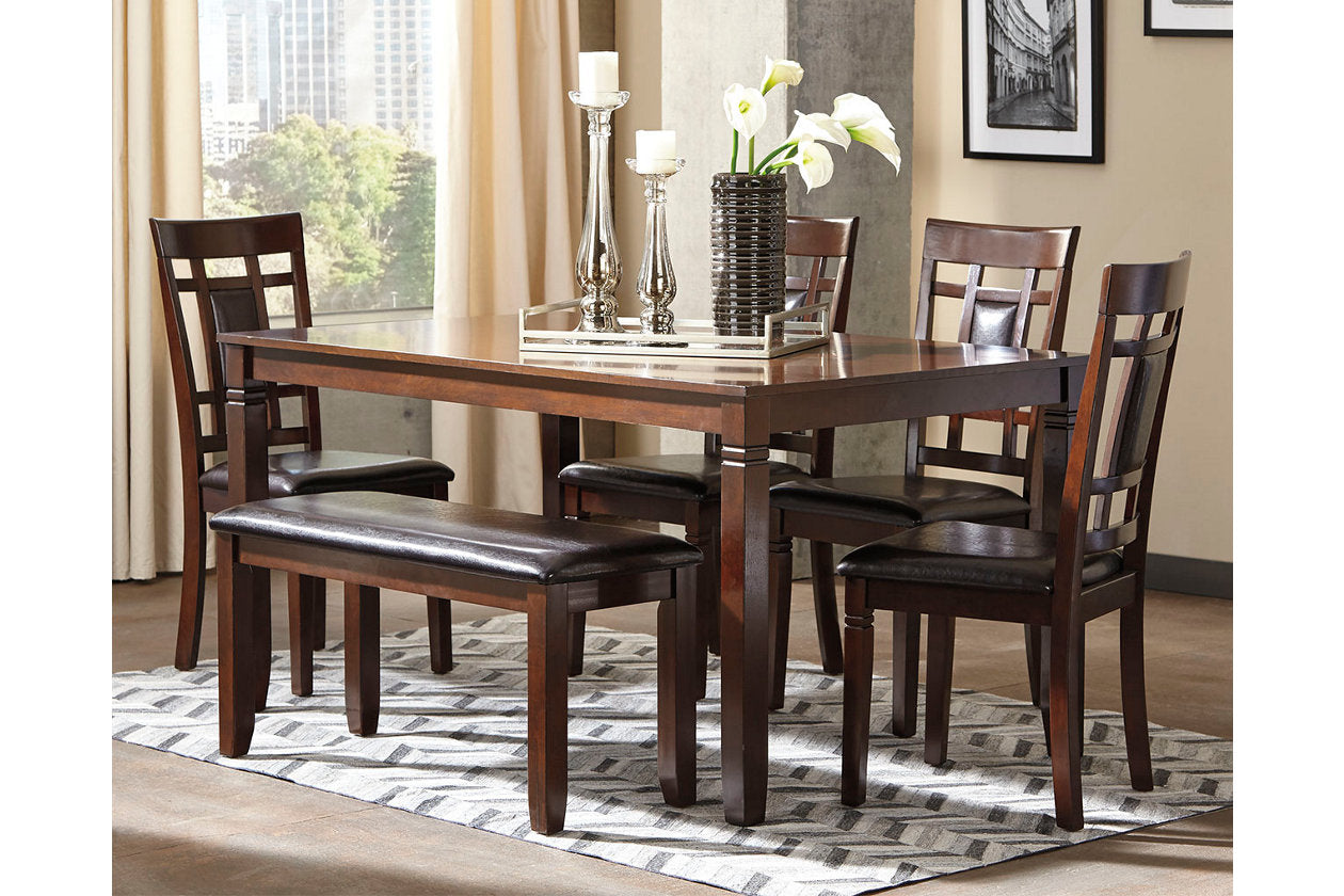 Bennox Brown Dining Table and Chairs with Bench, Set of 6 - D384-325 - Luna Furniture - Dallas Store