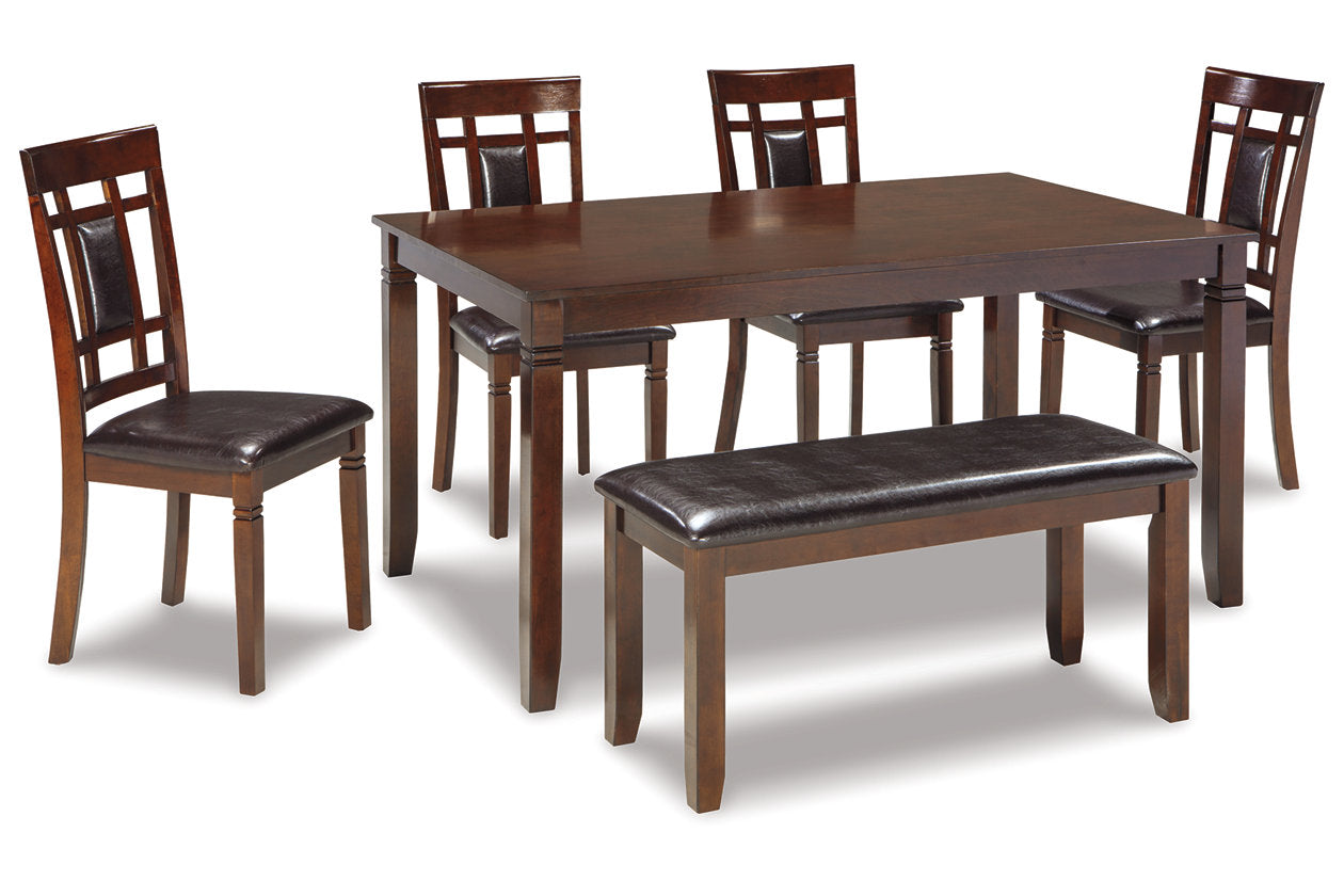 Bennox Brown Dining Table and Chairs with Bench, Set of 6 - D384-325 - Luna Furniture - Dallas Store