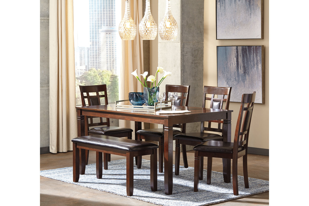 Bennox Brown Dining Table and Chairs with Bench, Set of 6 - D384-325 - Luna Furniture - Dallas Store