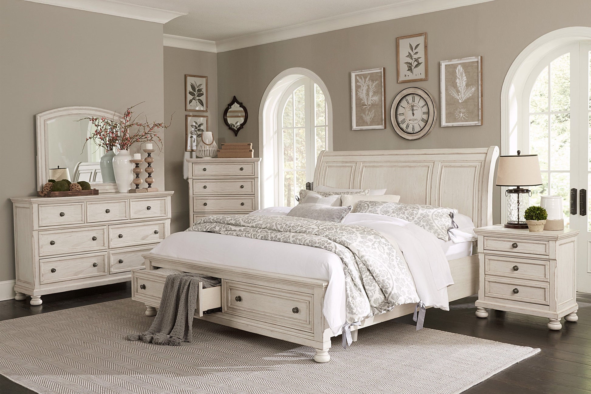 Bethel Wire Brushed White King Sleigh Storage Platform Bed - SET | 2259KW-1 | 2259KW-2 | 2259W-3 - Luna Furniture - Dallas Store