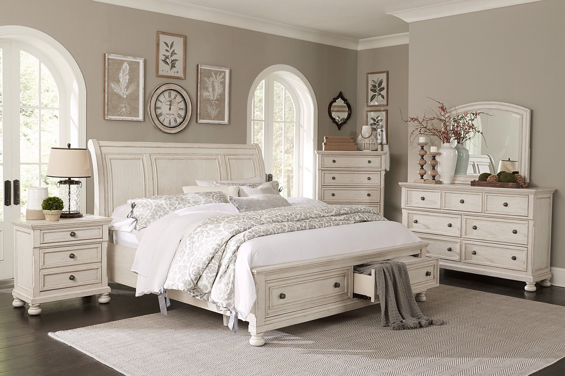 Bethel Wire Brushed White Sleigh Storage Platform Bedroom Set - SET | 2259W-1 | 2259W-2 | 2259W-3 | 2259W-5 | 2259W-6 | 2259W-4 - Luna Furniture - Dallas Store