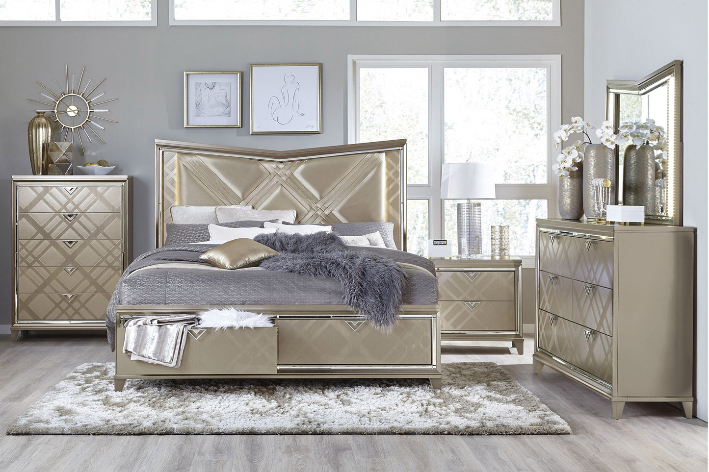 Bijou Champagne King LED Upholstered Storage Platform Bed - SET | 1522K-1 | 1522K-2 | 1522-3 - Luna Furniture - Dallas Store