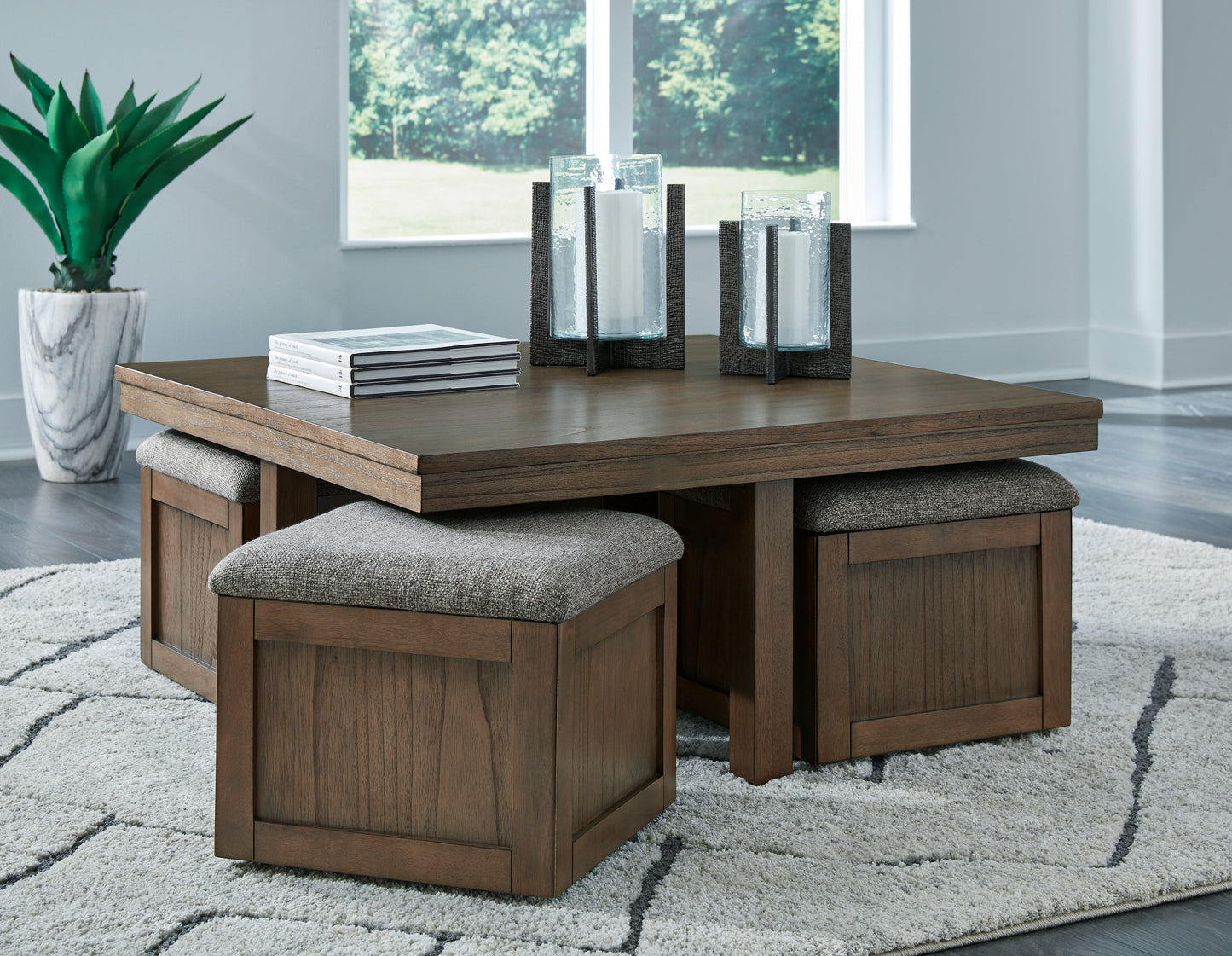 Boardernest Brown Coffee Table with 4 Stools - T738-20 - Luna Furniture - Dallas Store