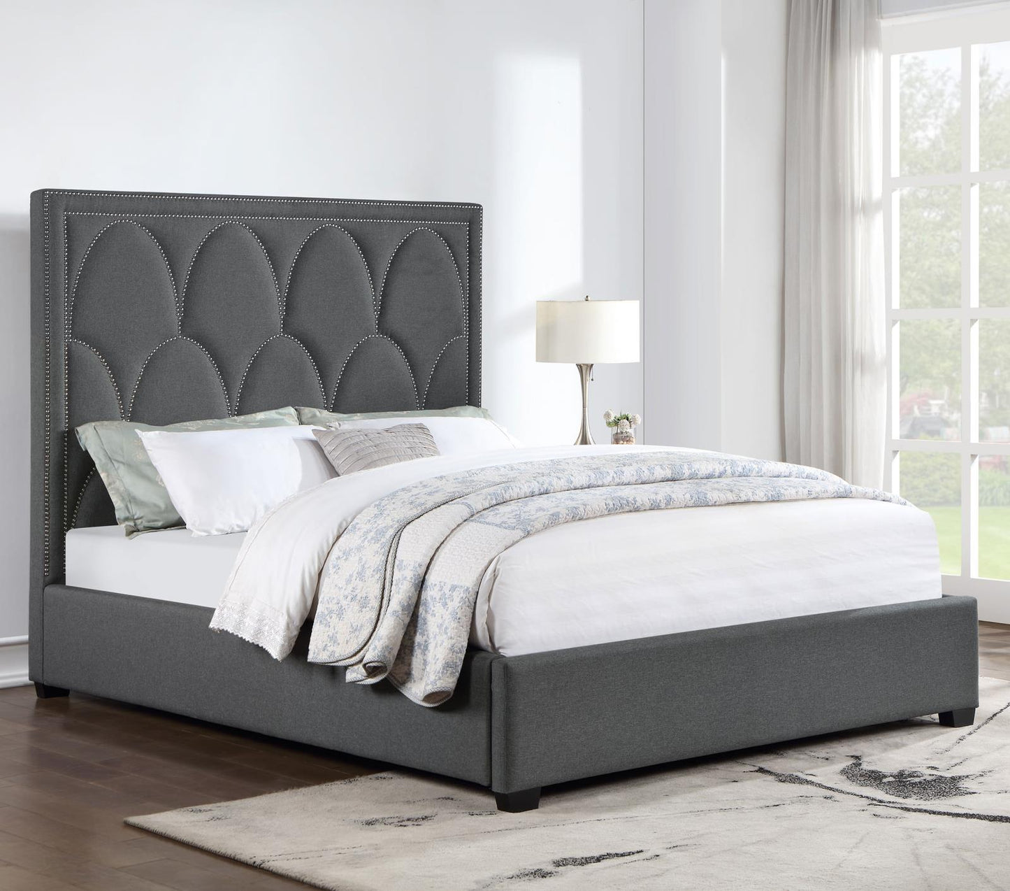 Bowfield Upholstered Bed with Nailhead Trim Charcoal - 315900Q - Luna Furniture - Dallas Store