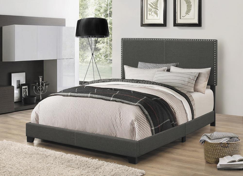 Boyd Eastern King Upholstered Bed with Nailhead Trim Charcoal - 350061KE - Luna Furniture - Dallas Store