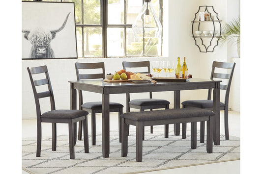 Bridson Gray Dining Table and Chairs with Bench, Set of 6 - D383-325 - Luna Furniture - Dallas Store