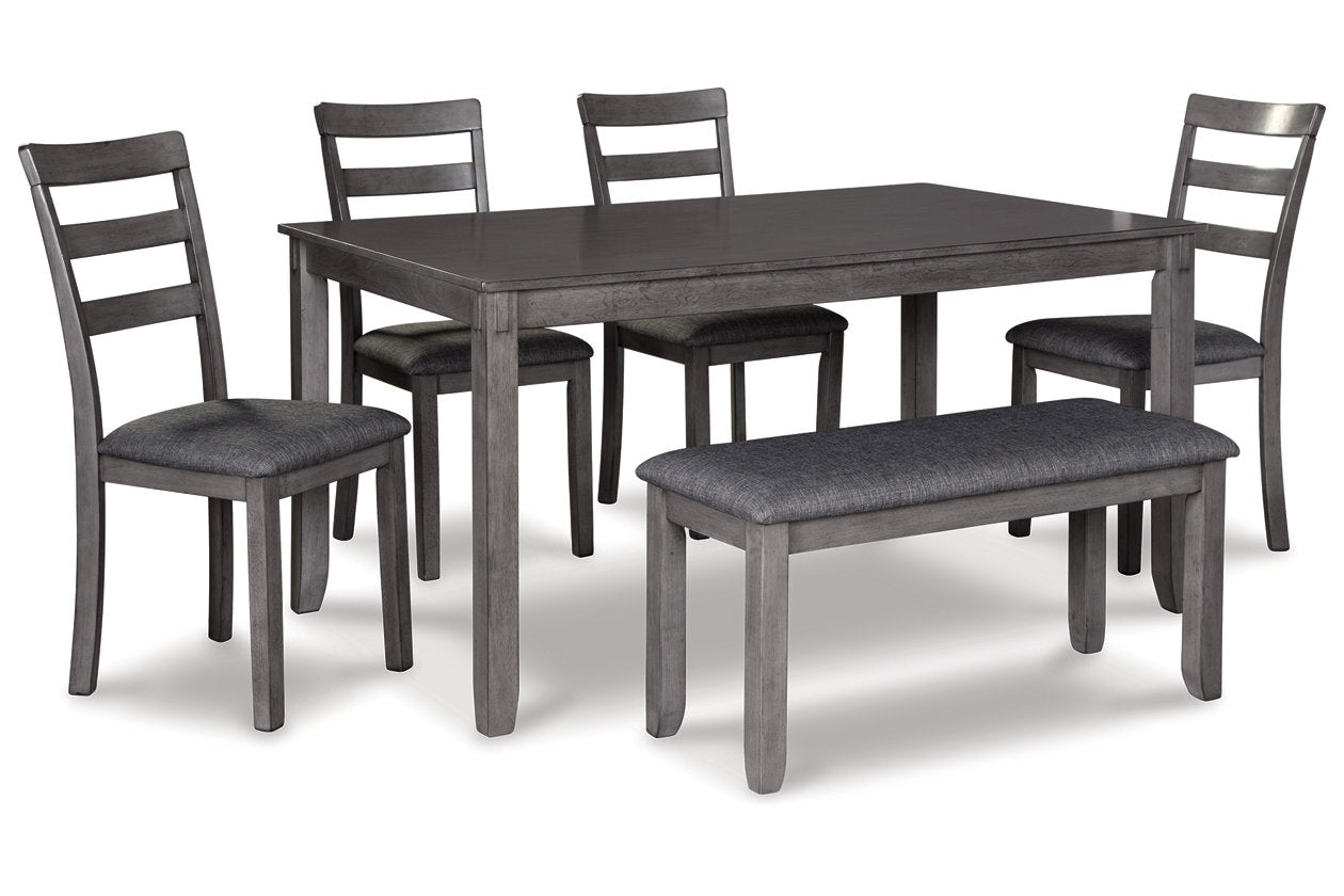 Bridson Gray Dining Table and Chairs with Bench, Set of 6 - D383-325 - Luna Furniture - Dallas Store