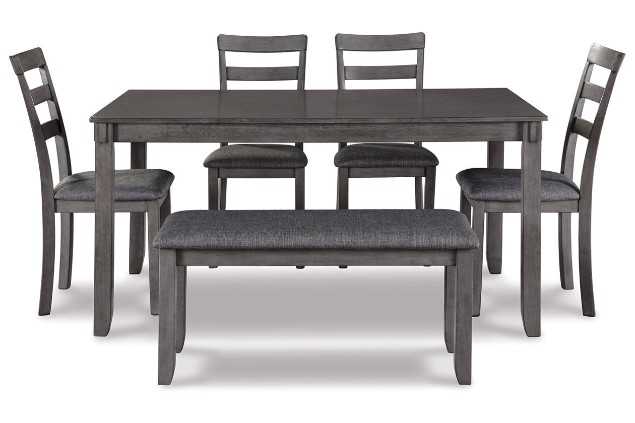 Bridson Gray Dining Table and Chairs with Bench, Set of 6 - D383-325 - Luna Furniture - Dallas Store